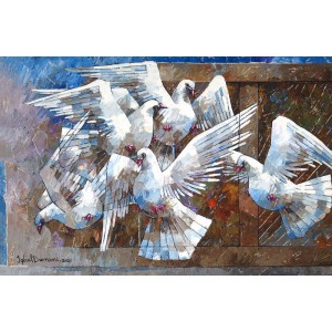 Iqbal Durrani, Returning Home, 24 x 36 Inch, Oil on Canvas, Pigeon Painting, AC-IQD-239